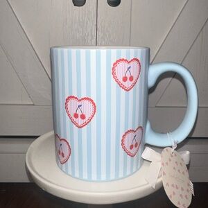 Blue Striped Mug with Scallop Cherry Heart Design
